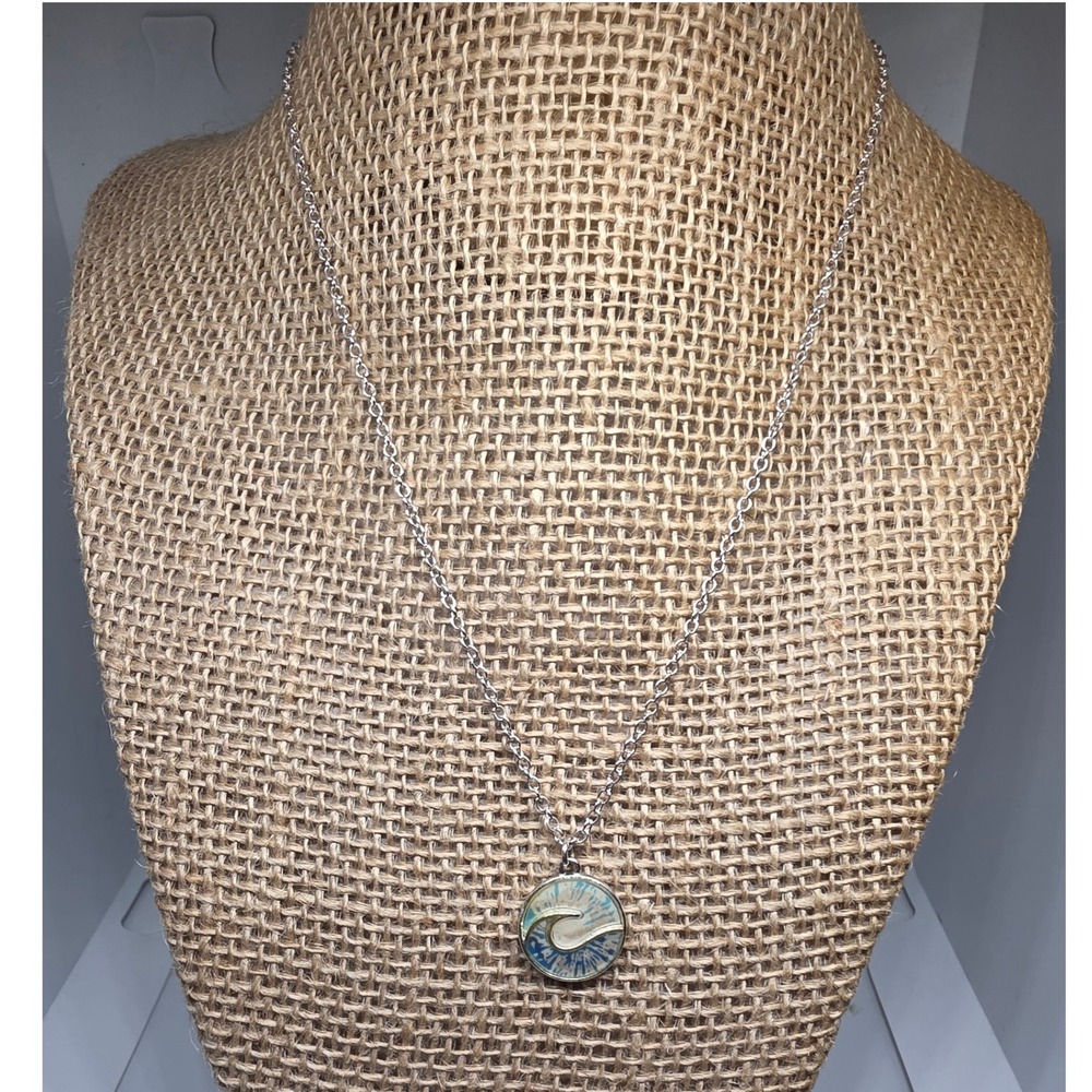 Wave Pendant Necklace Silver Tone Chain Beach Ocean Coastal Jewelry